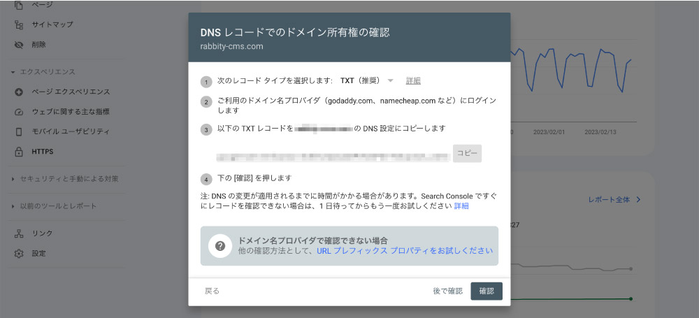 DNSレコードでのドメイン所有権の確認画面